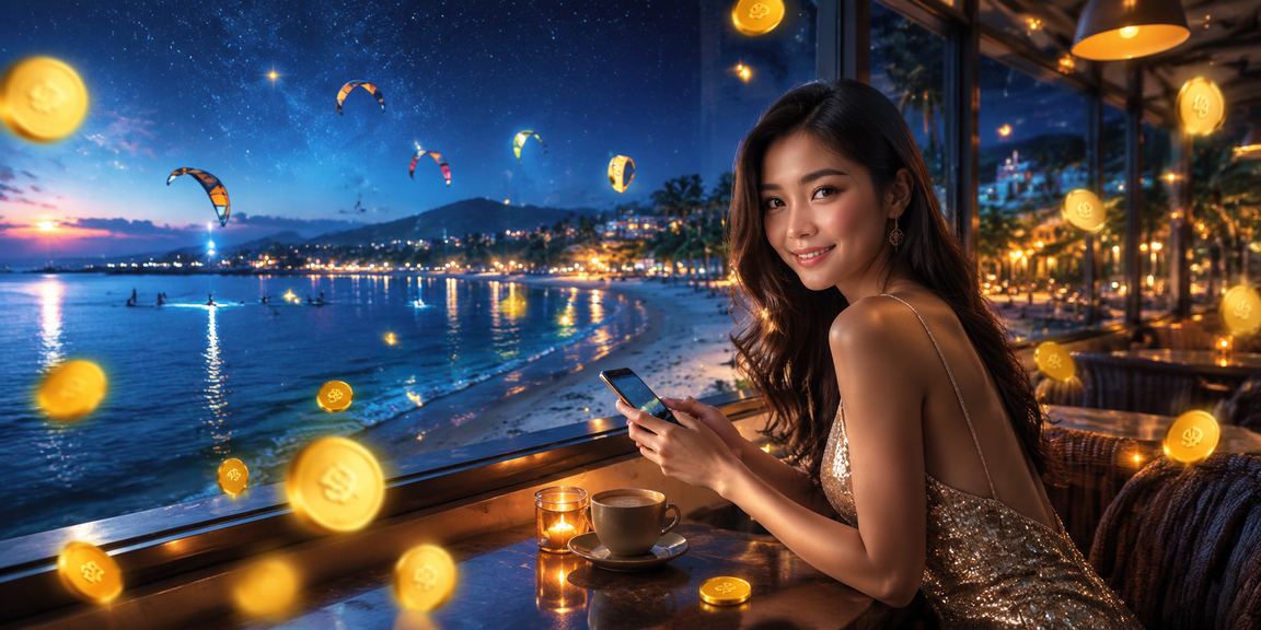 Người dùng tại Mũi Né ngồi uống cà phê và kiểm tra tài khoản VIP viet6o trên điện thoại